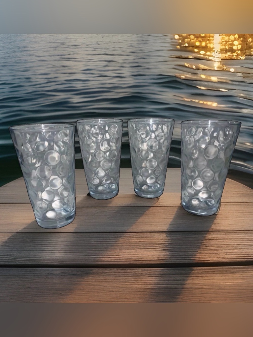 Set of 4 Vtg Coin Polka Dot Circleware Thumbprint Clear Glass Tumblers ~ 6" 14oz